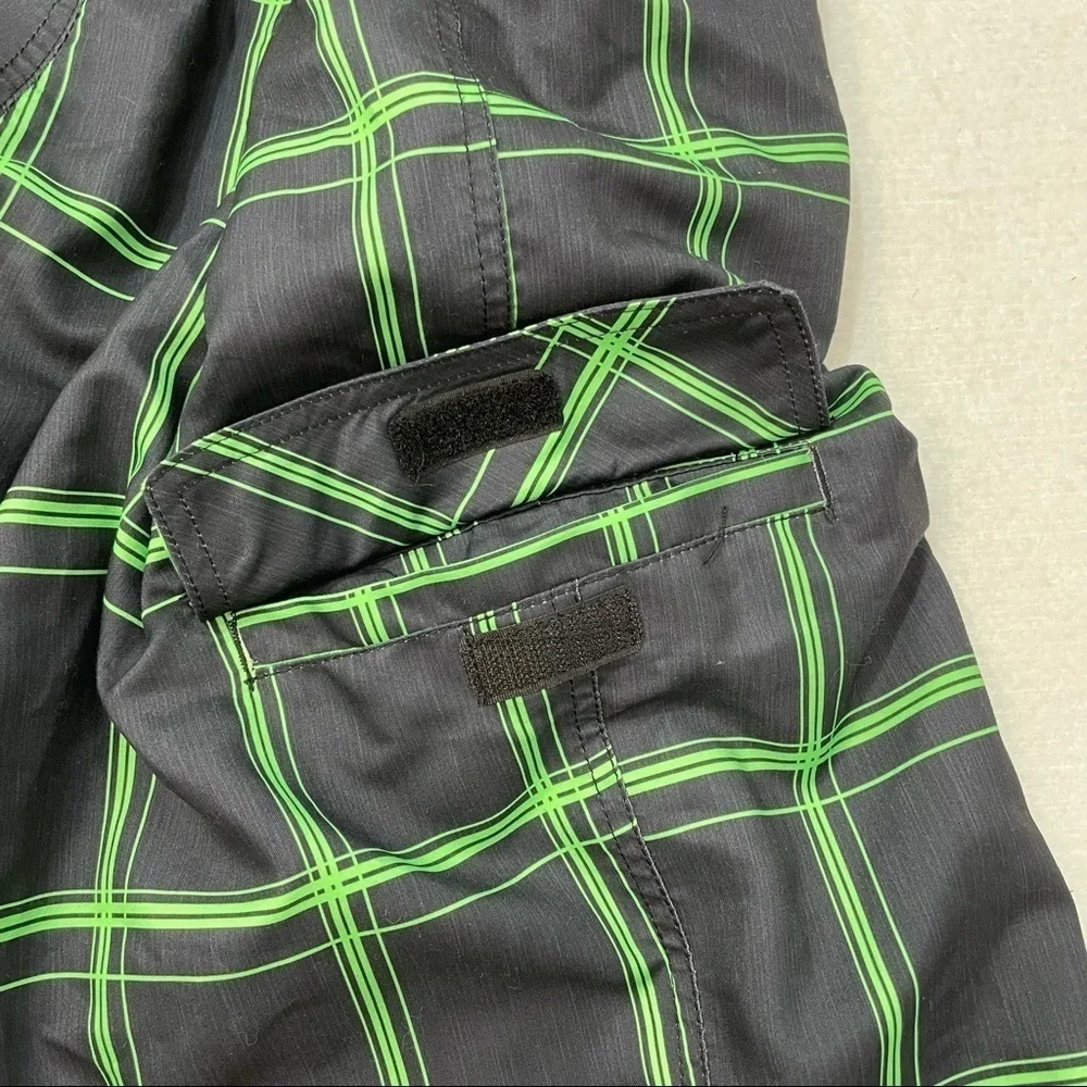 OP lined swim trunks black & green plaid side pocket flat front elastic back XL